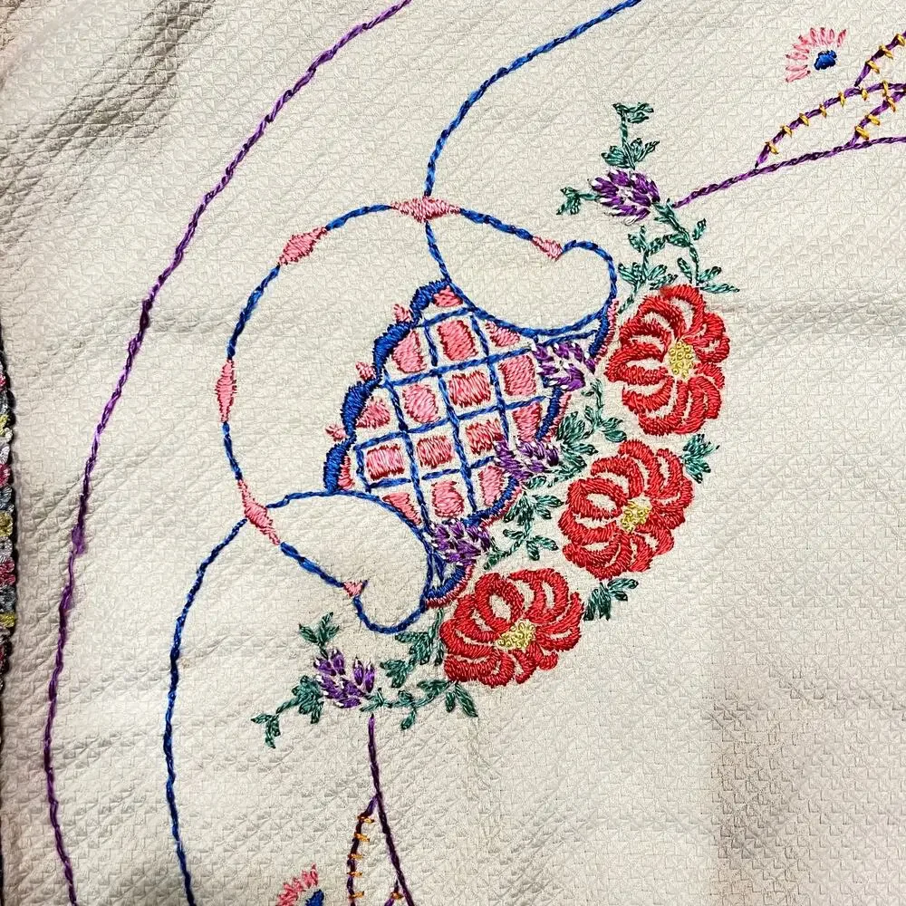 Vintage 30s Embroidered Tablecloth Baskets of Flowers Multicolor 32 inch Square